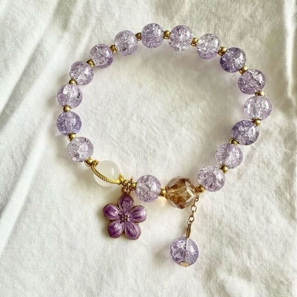 Purple hibiscus beaded stretch bracelet - Picture 2 of 2